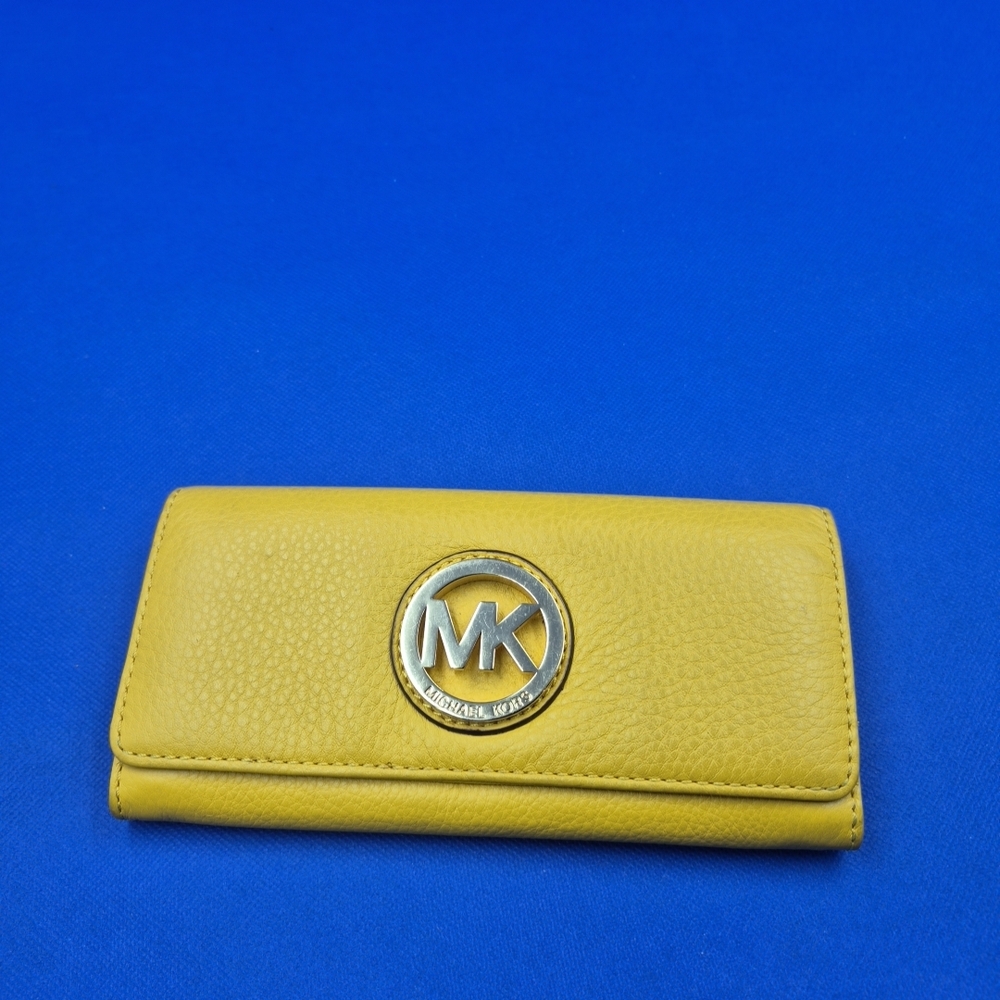 Michael Kors Yellow Pebbled Leather Wallet with Gold MK Logo